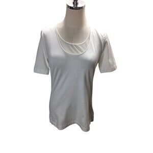 Akris Punto Tee Shirt Women's Size 12 White Mesh Trim Short Sleeve Top